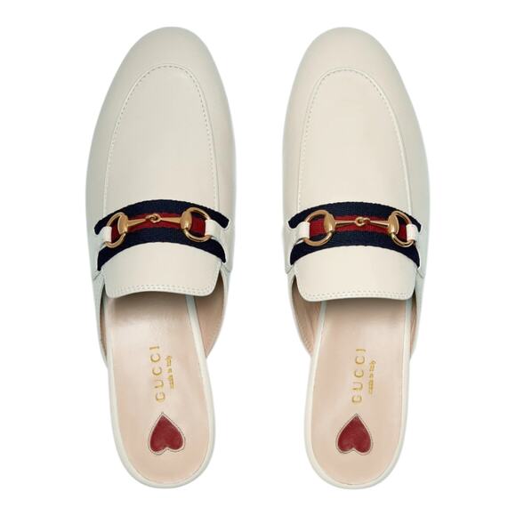 Gucci Princetown Web Leather Slide Mules Gold Horsebit White Size 38 - Picture 1 of 16